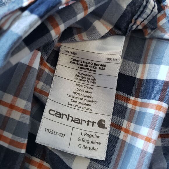 Carhartt Shirt Mens Large Blue Plaid Button Up Short Sleeve Cotton Relaxed Fit - Picture 7 of 10
